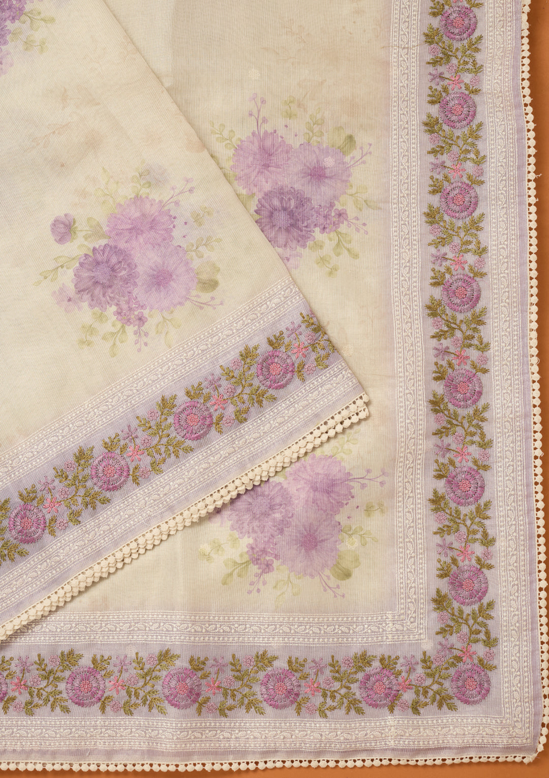 Lavender Chanderi Threadwork Saree With Matching Blouse Piece