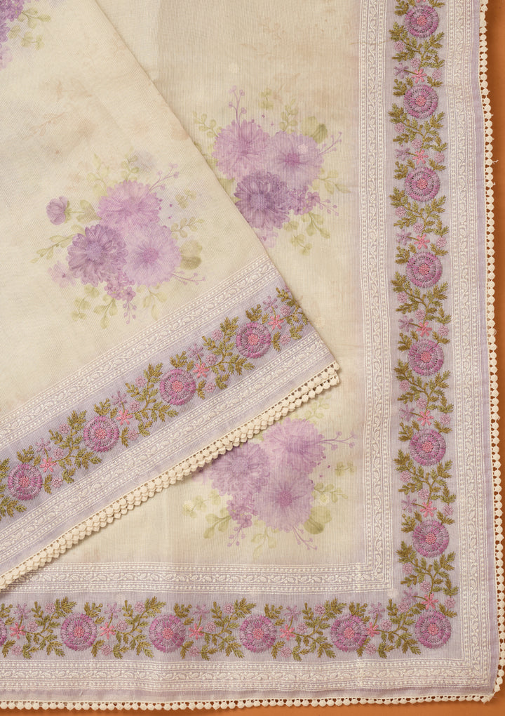 Lavender Chanderi Threadwork Saree With Matching Blouse Piece