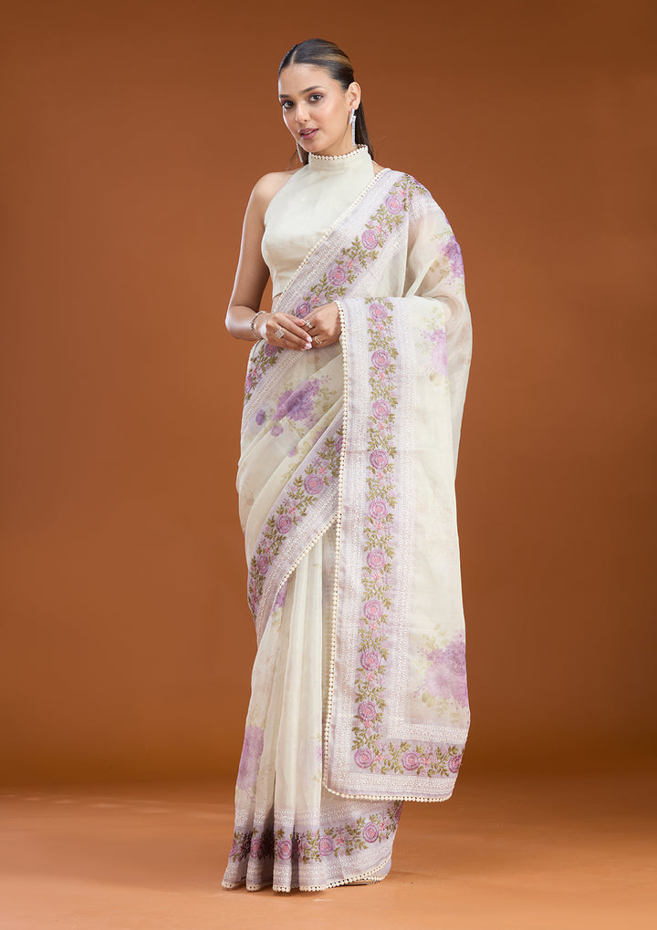 Lavender Chanderi Threadwork Saree With Matching Blouse Piece