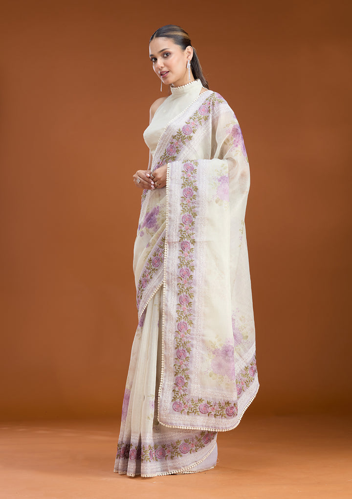Lavender Chanderi Threadwork Saree With Matching Blouse Piece