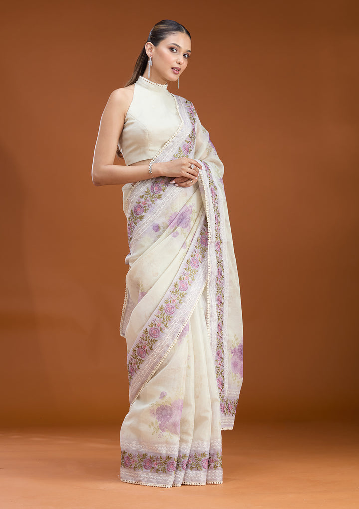 Lavender Chanderi Threadwork Saree With Matching Blouse Piece