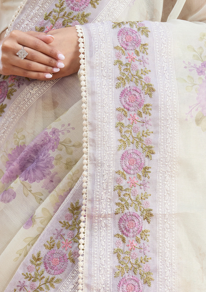 Lavender Chanderi Threadwork Saree With Matching Blouse Piece