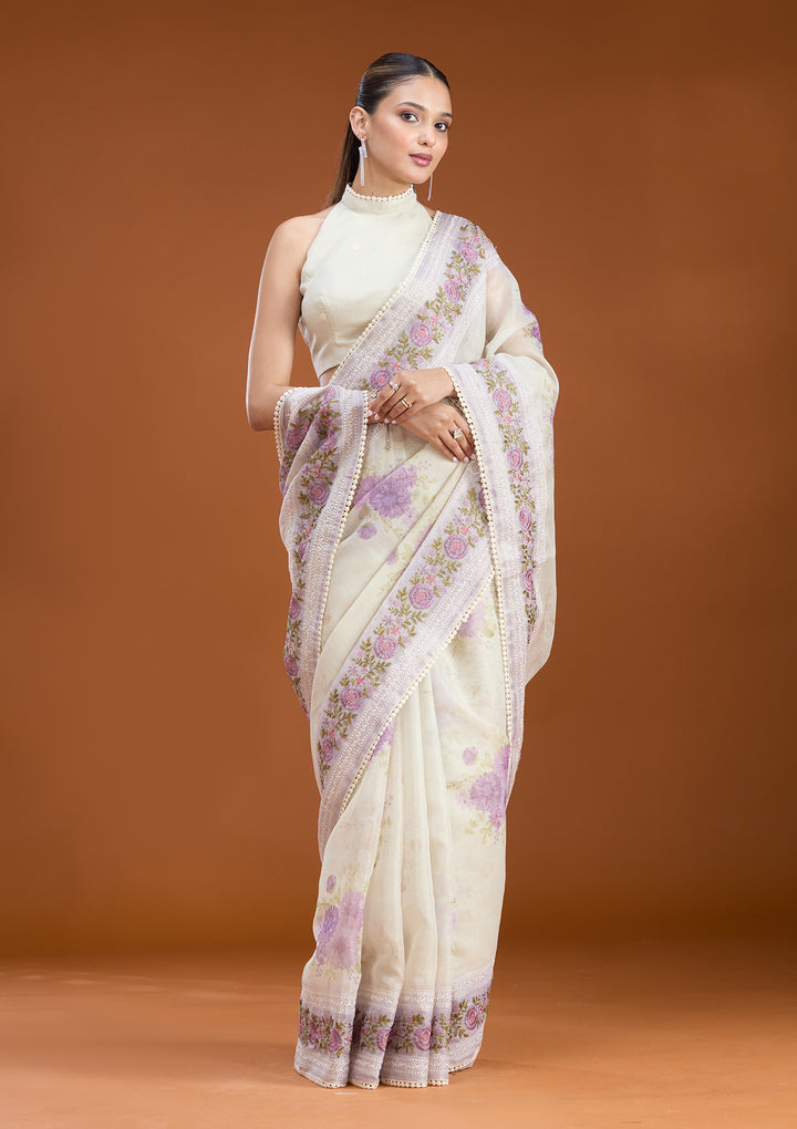 Lavender Chanderi Threadwork Saree With Matching Blouse Piece