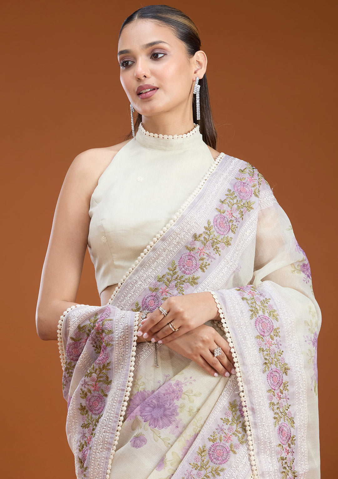 Lavender Chanderi Threadwork Saree With Matching Blouse Piece