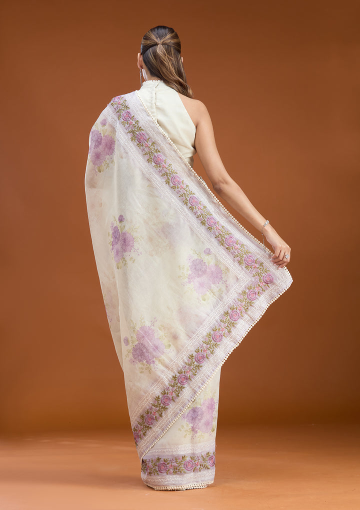 Lavender Chanderi Threadwork Saree With Matching Blouse Piece