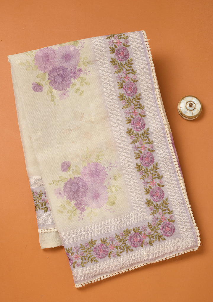 Lavender Chanderi Threadwork Saree With Matching Blouse Piece