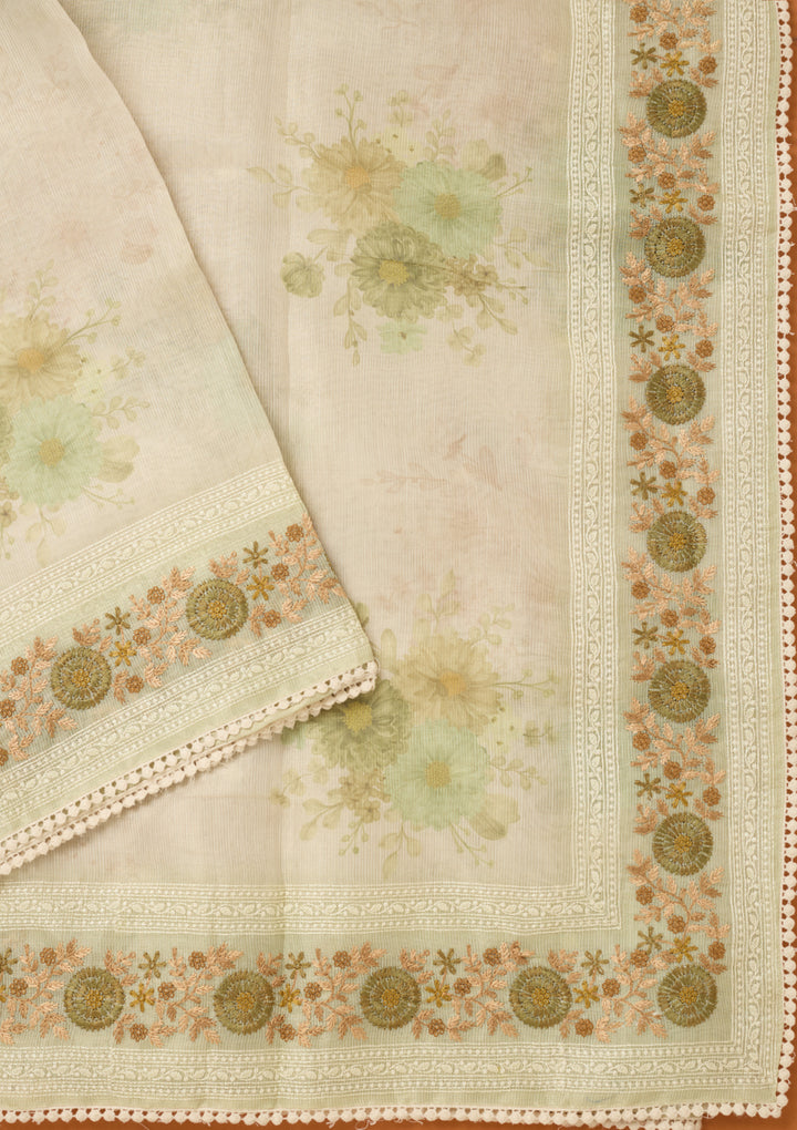 Pista Green Chanderi Threadwork Saree With Matching Blouse Piece