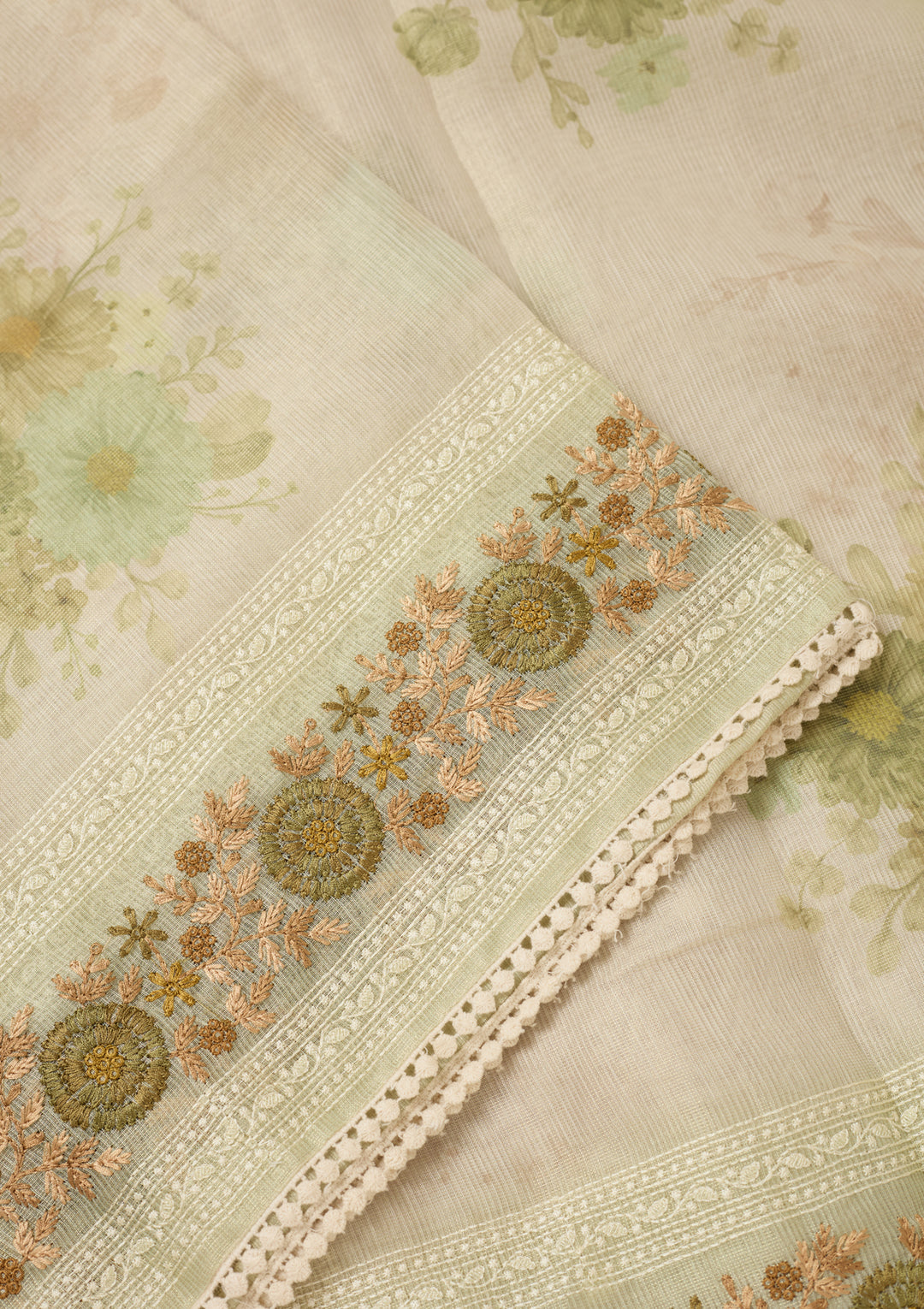Pista Green Chanderi Threadwork Saree With Matching Blouse Piece