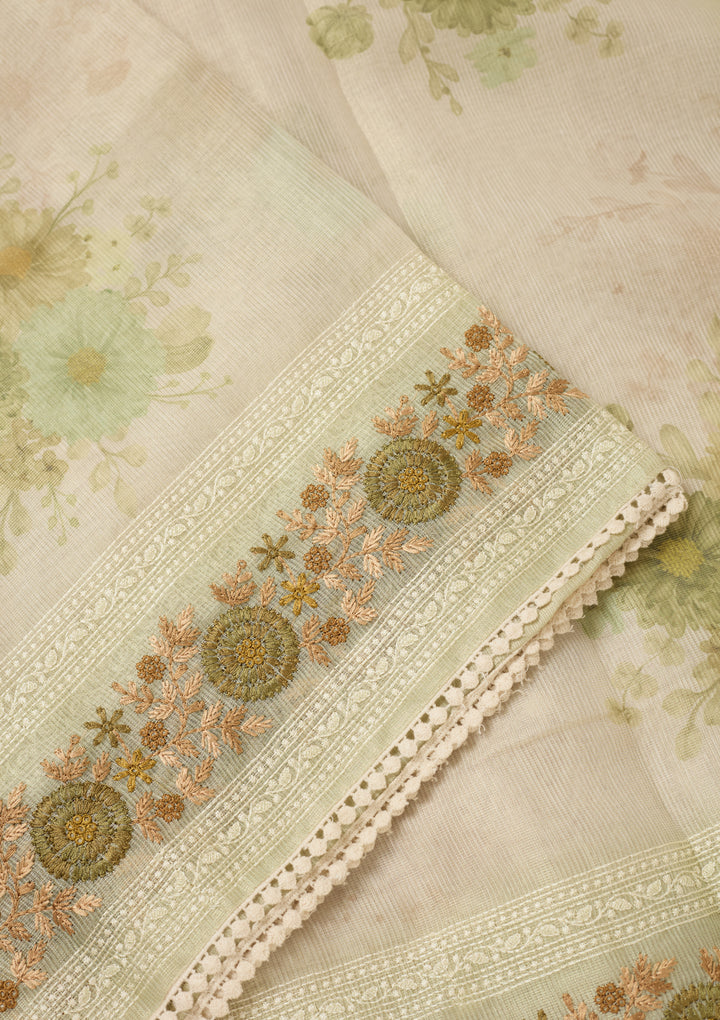 Pista Green Chanderi Threadwork Saree With Matching Blouse Piece