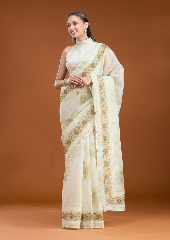 Pista Green Chanderi Threadwork Saree With Matching Blouse Piece