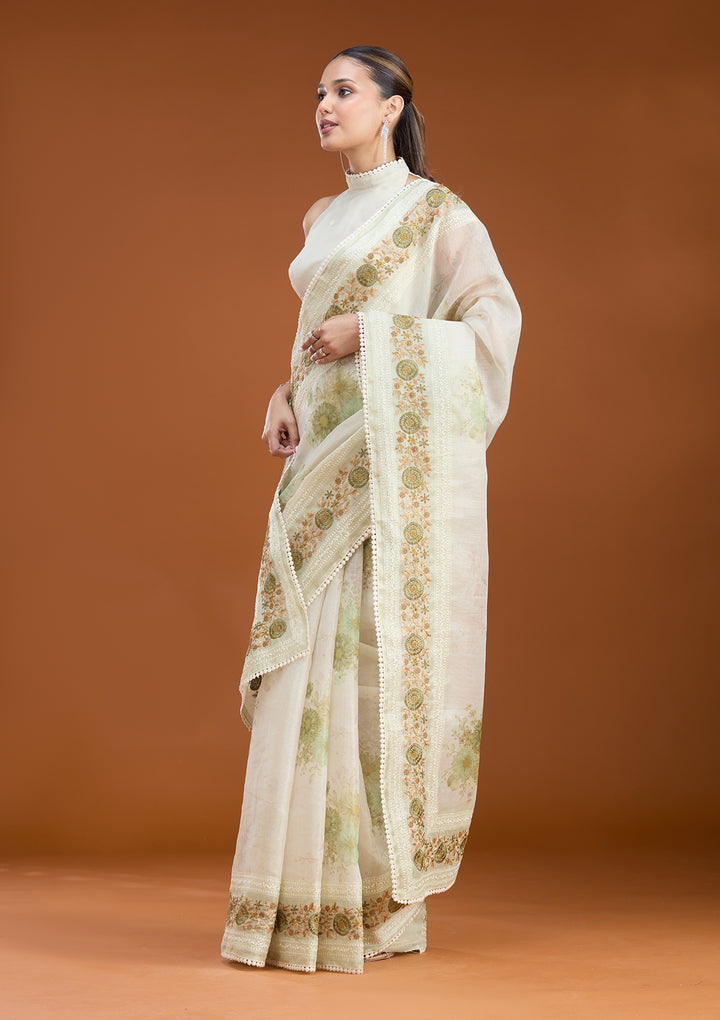 Pista Green Chanderi Threadwork Saree With Matching Blouse Piece
