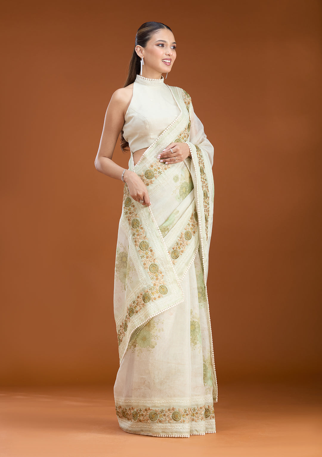 Pista Green Chanderi Threadwork Saree With Matching Blouse Piece