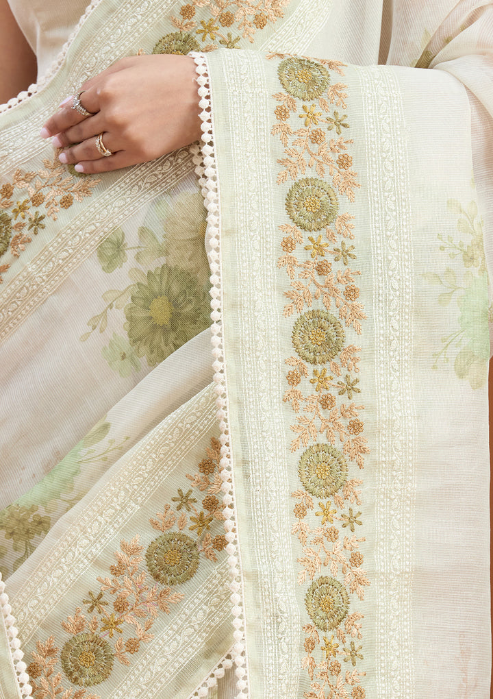 Pista Green Chanderi Threadwork Saree With Matching Blouse Piece