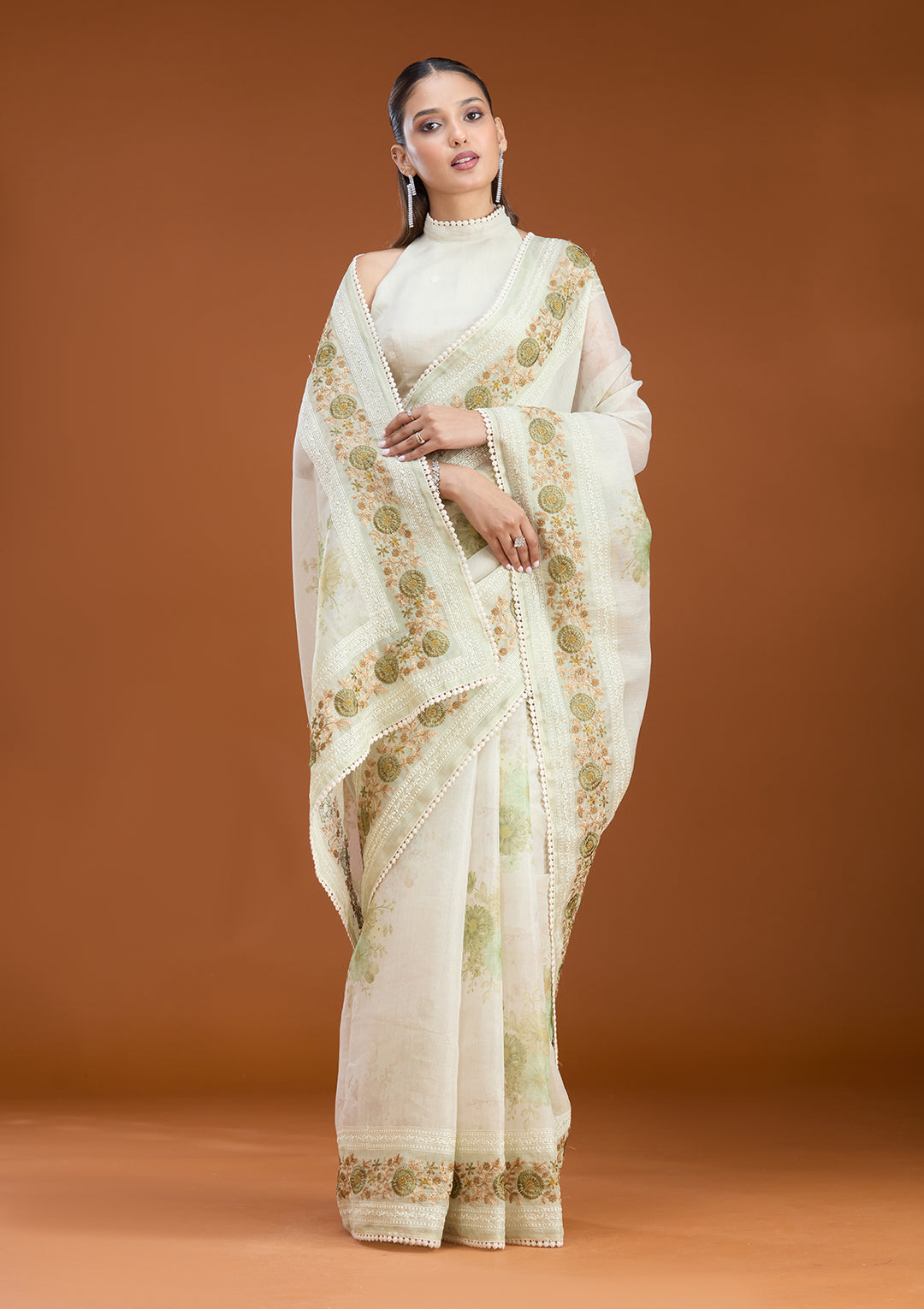 Pista Green Chanderi Threadwork Saree With Matching Blouse Piece