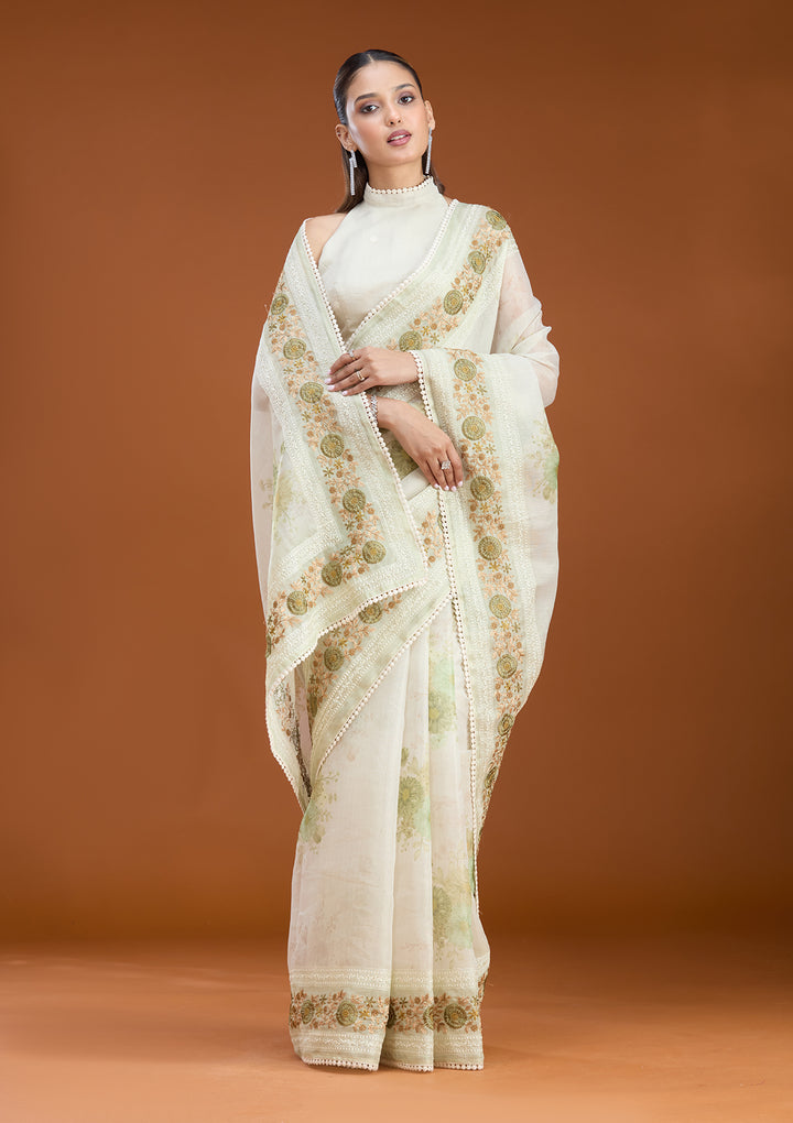 Pista Green Chanderi Threadwork Saree With Matching Blouse Piece