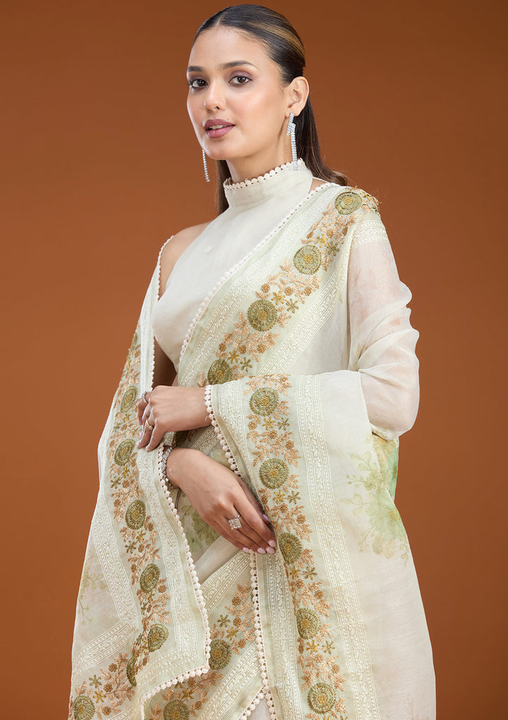 Pista Green Chanderi Threadwork Saree With Matching Blouse Piece