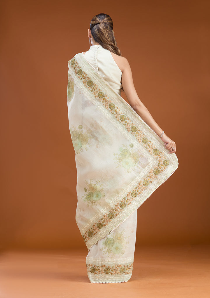 Pista Green Chanderi Threadwork Saree With Matching Blouse Piece