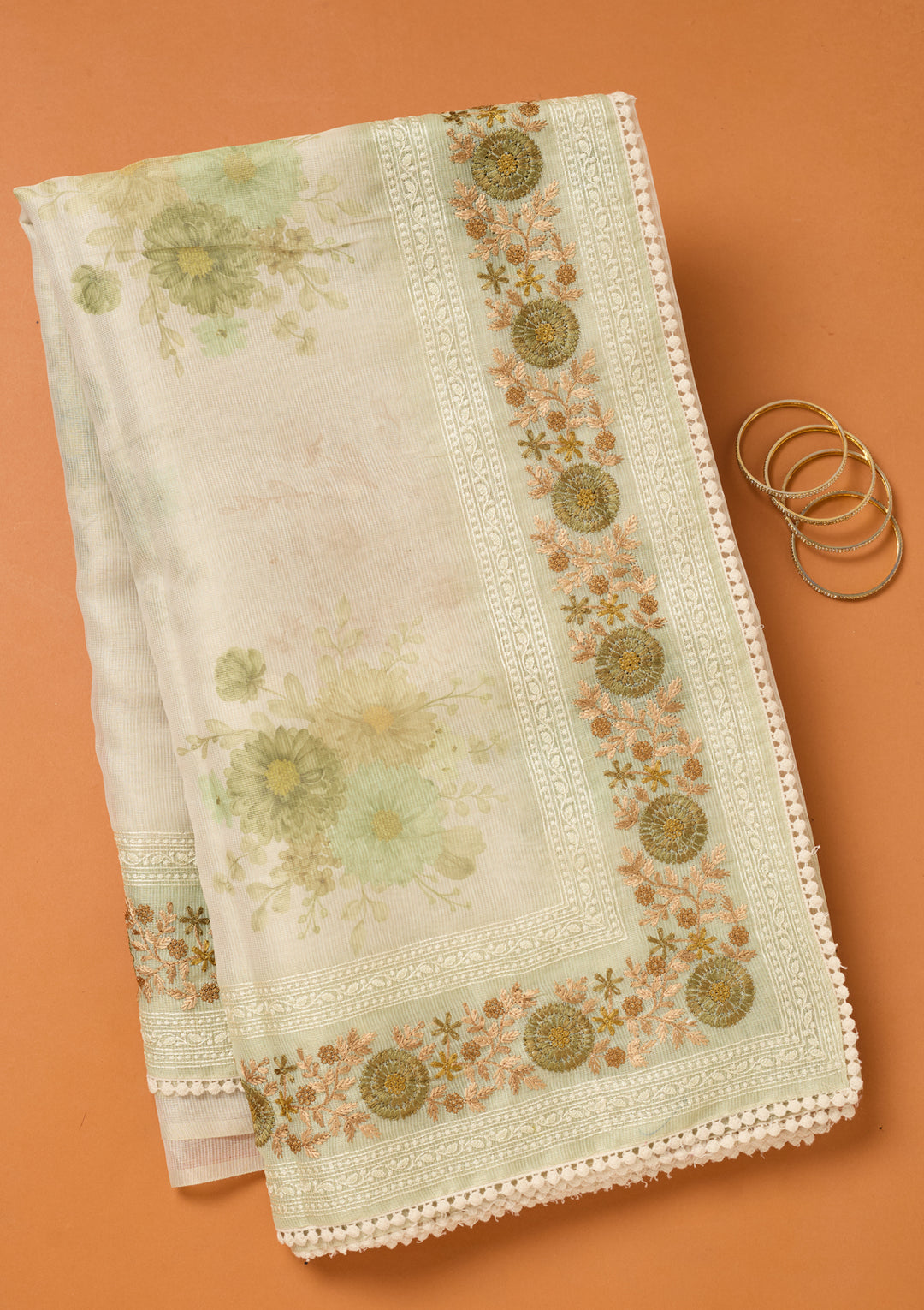 Pista Green Chanderi Threadwork Saree With Matching Blouse Piece