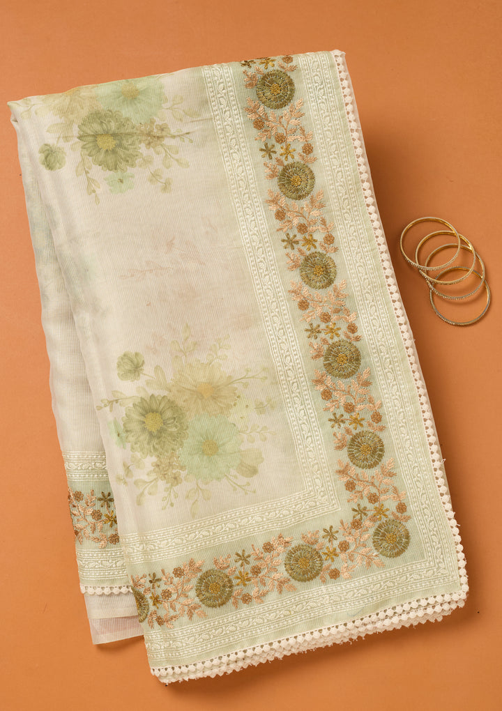Pista Green Chanderi Threadwork Saree With Matching Blouse Piece