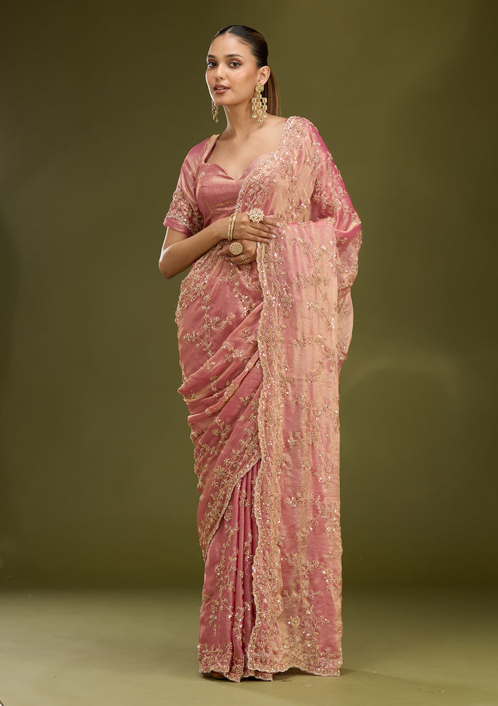 Onion Pink Tissue Cutdana Saree With Matching Blouse Piece
