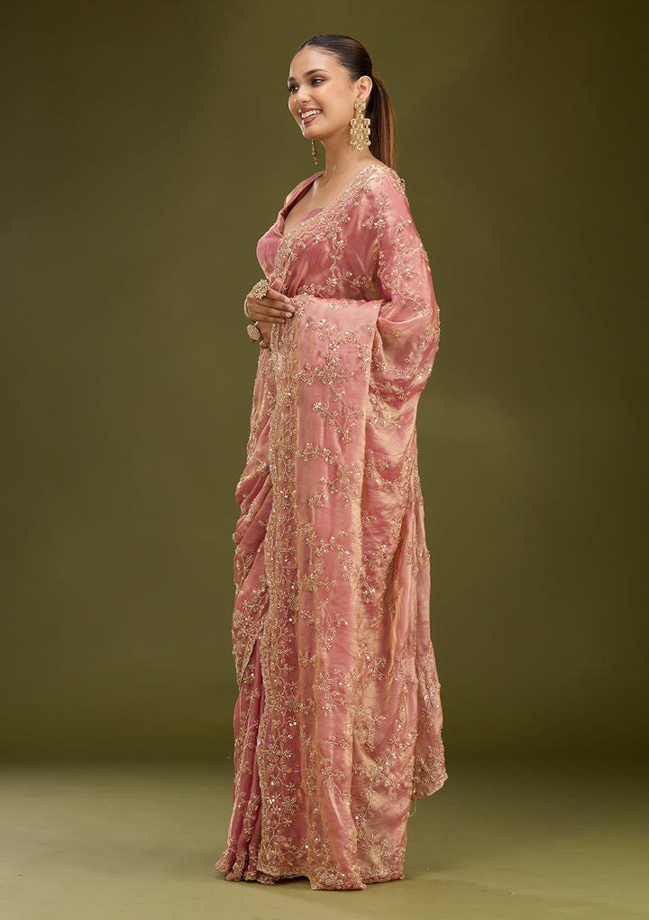 Onion Pink Tissue Cutdana Saree With Matching Blouse Piece
