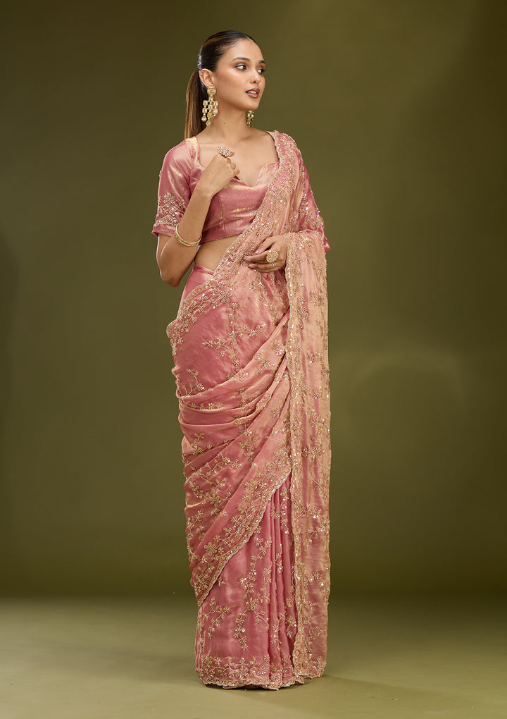 Onion Pink Tissue Cutdana Saree With Matching Blouse Piece