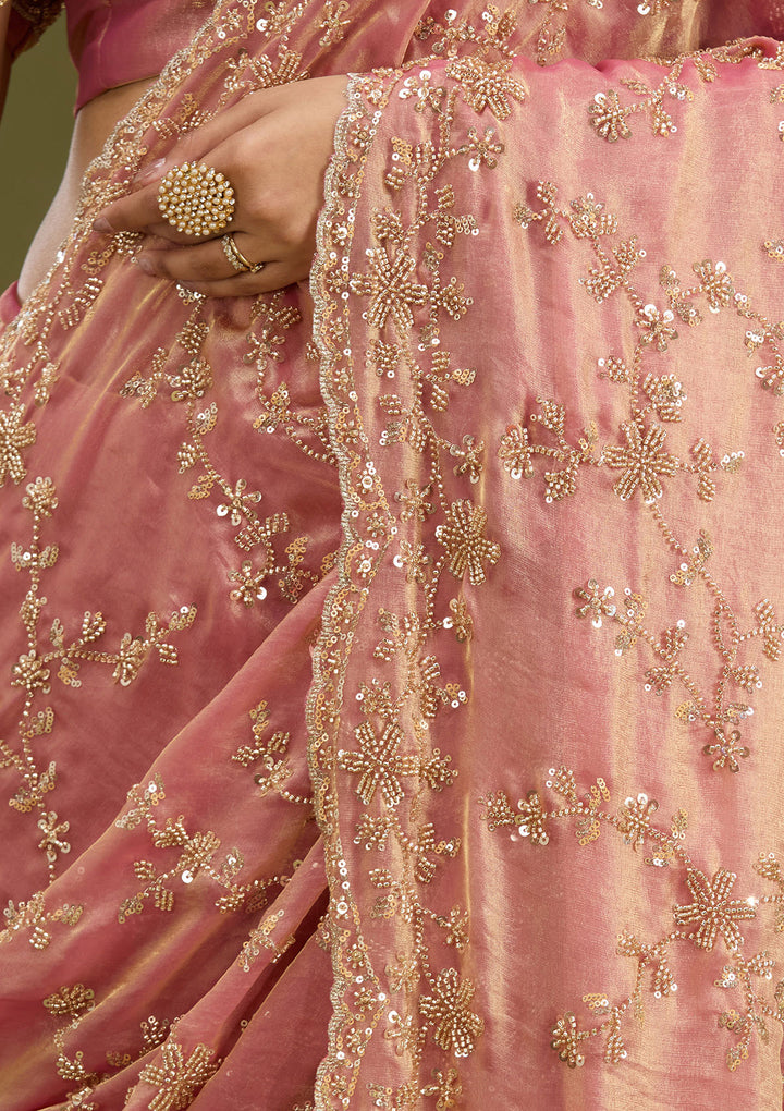 Onion Pink Tissue Cutdana Saree With Matching Blouse Piece