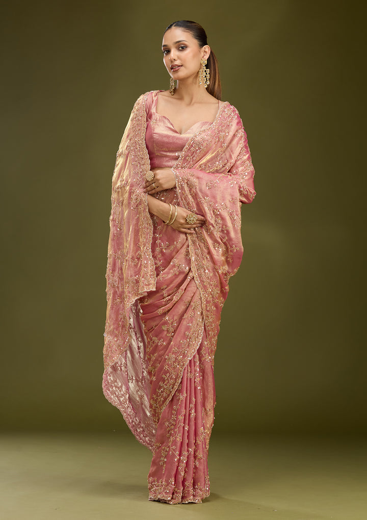 Onion Pink Tissue Cutdana Saree With Matching Blouse Piece