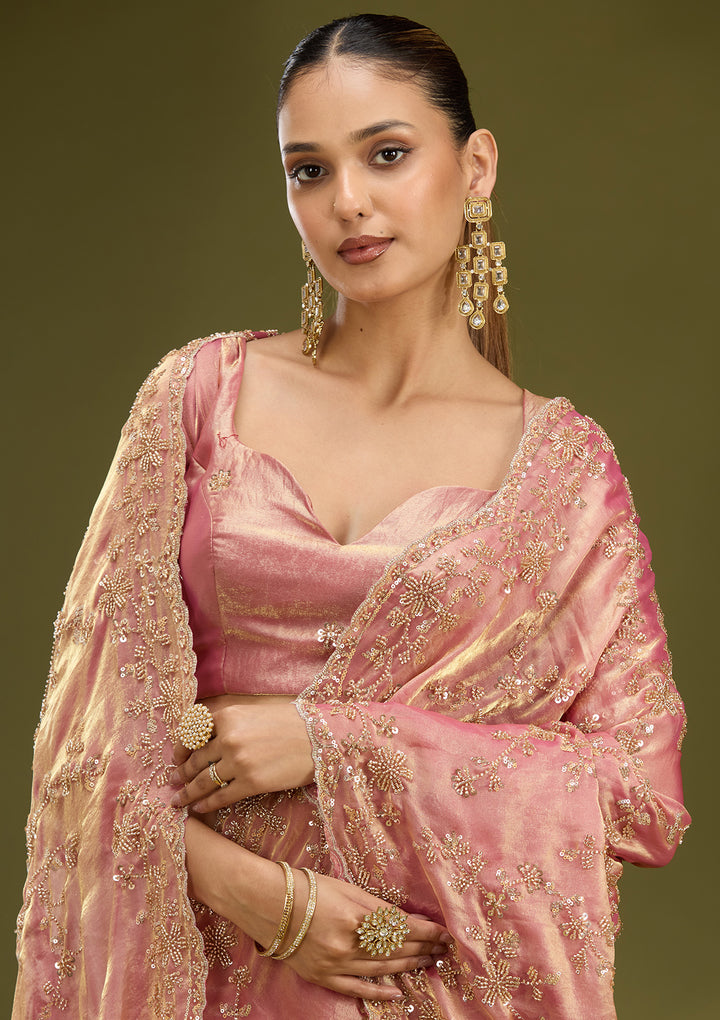 Onion Pink Tissue Cutdana Saree With Matching Blouse Piece