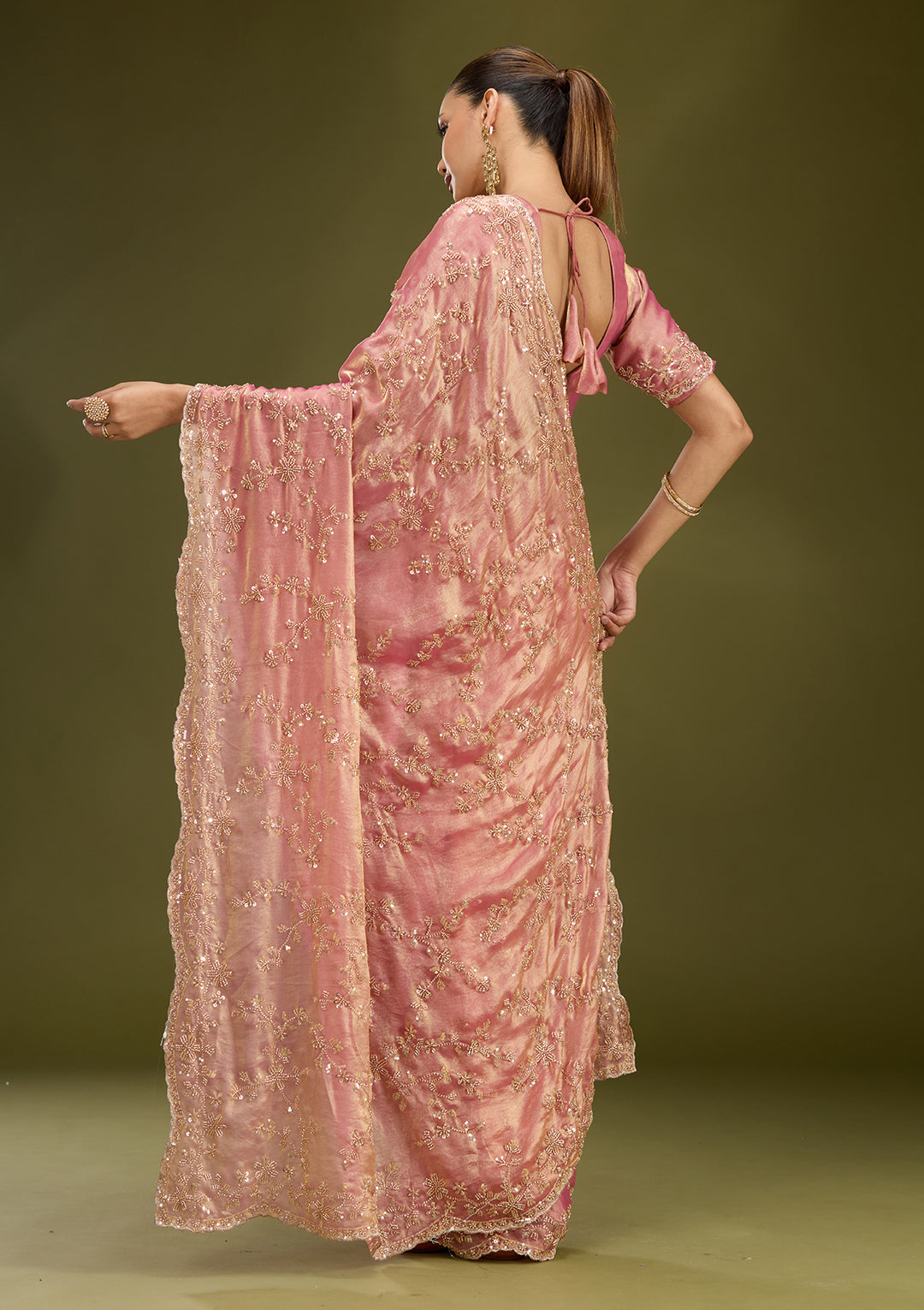 Onion Pink Tissue Cutdana Saree With Matching Blouse Piece