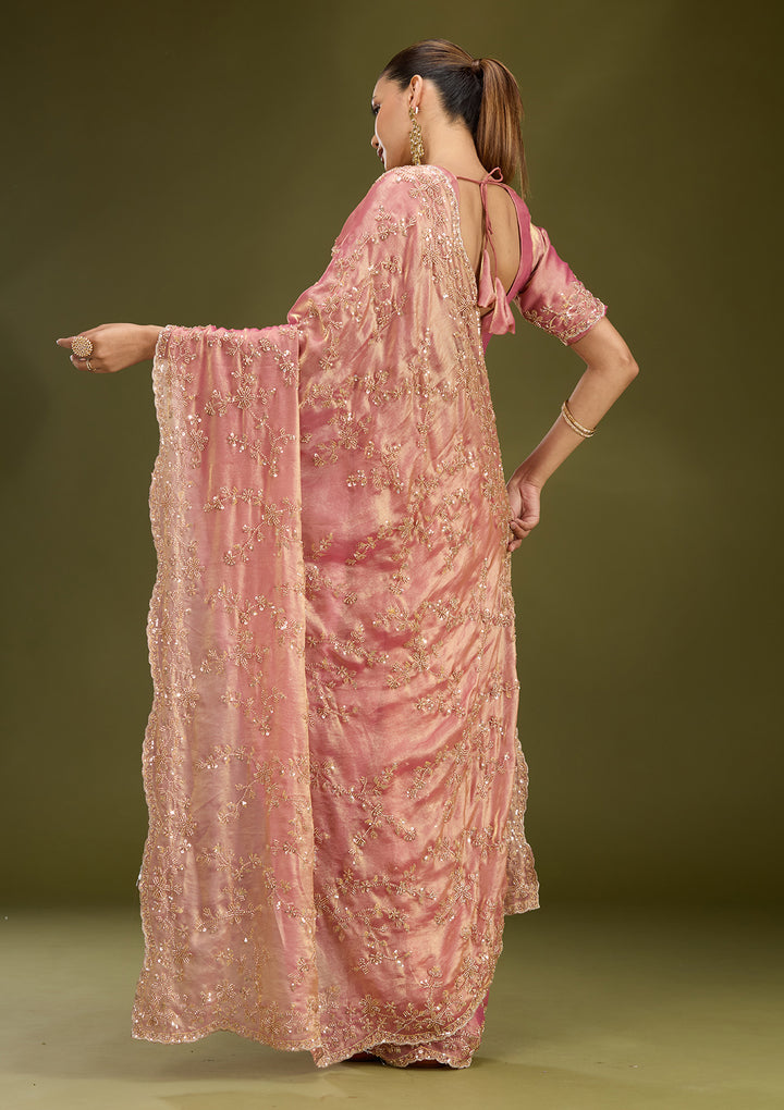 Onion Pink Tissue Cutdana Saree With Matching Blouse Piece
