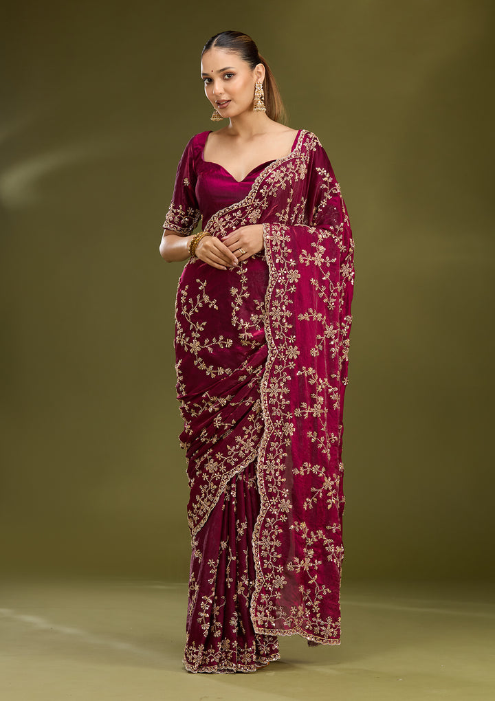 Wine Tissue Cutdana Saree With Matching Blouse Piece