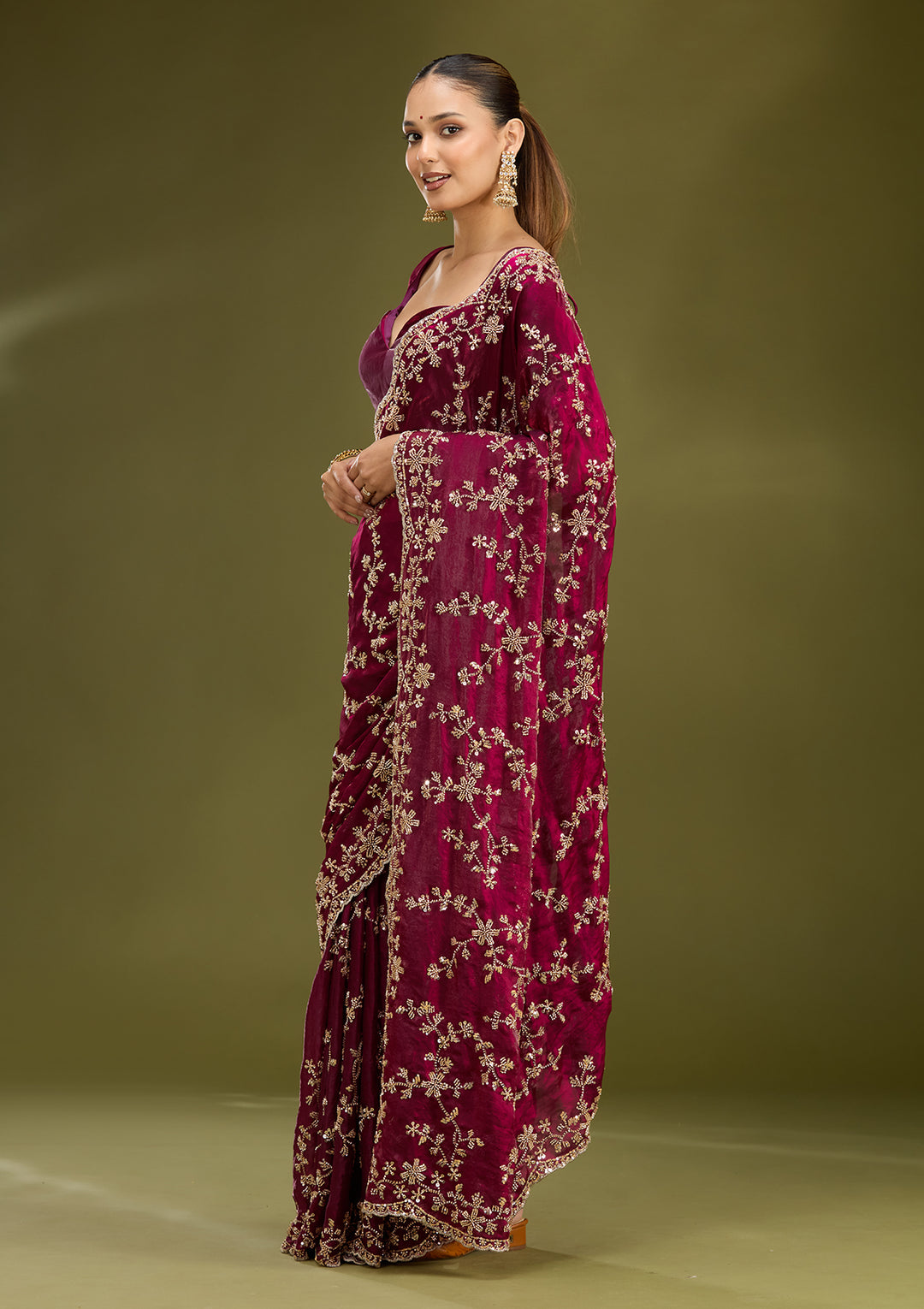 Wine Tissue Cutdana Saree With Matching Blouse Piece