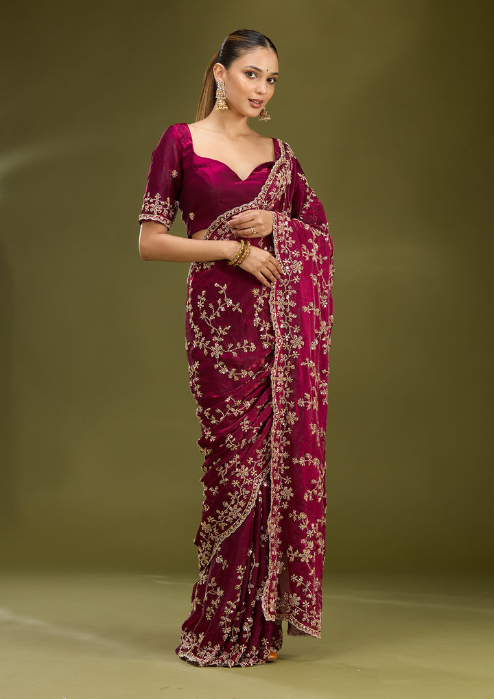 Wine Tissue Cutdana Saree With Matching Blouse Piece