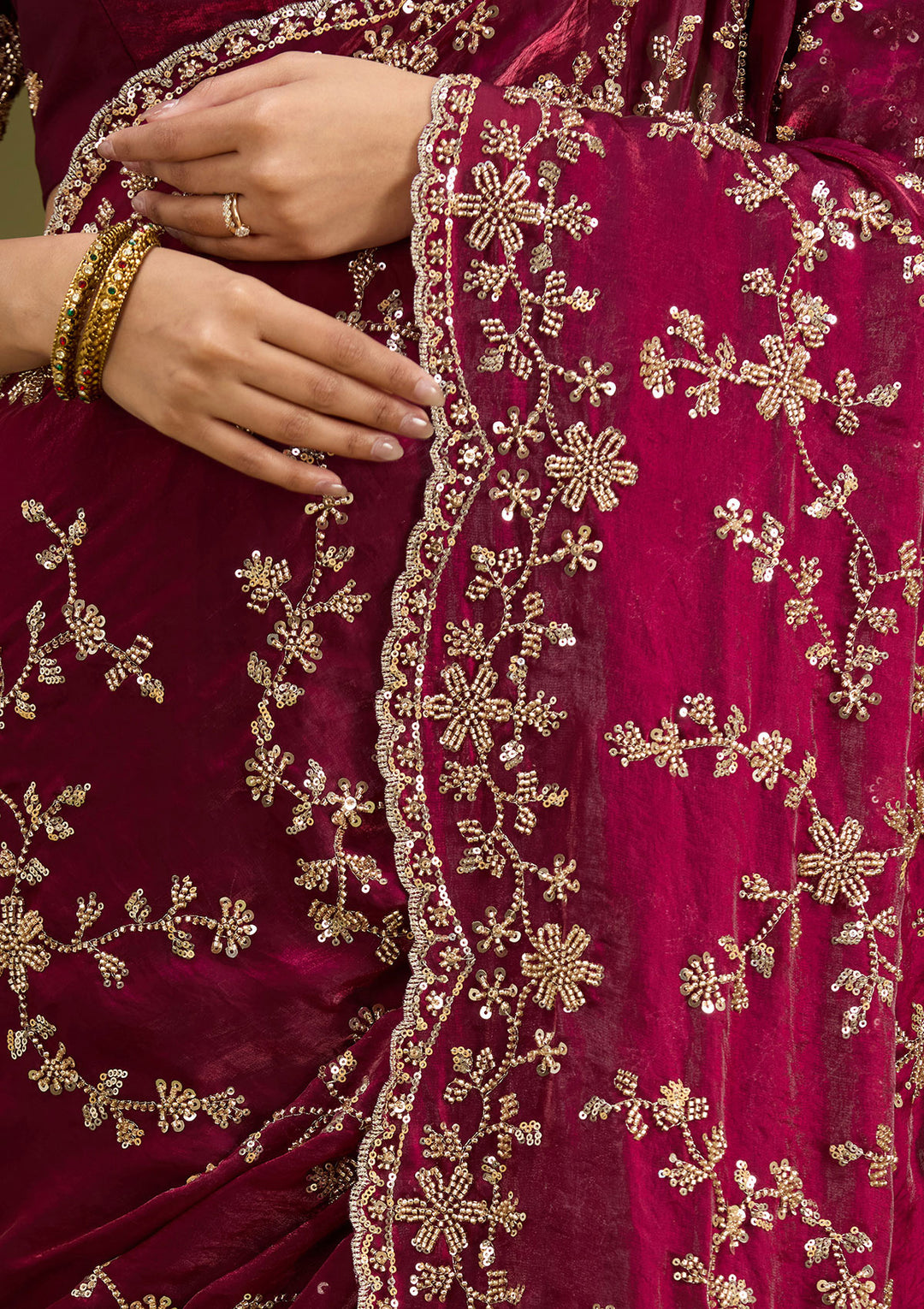 Wine Tissue Cutdana Saree With Matching Blouse Piece