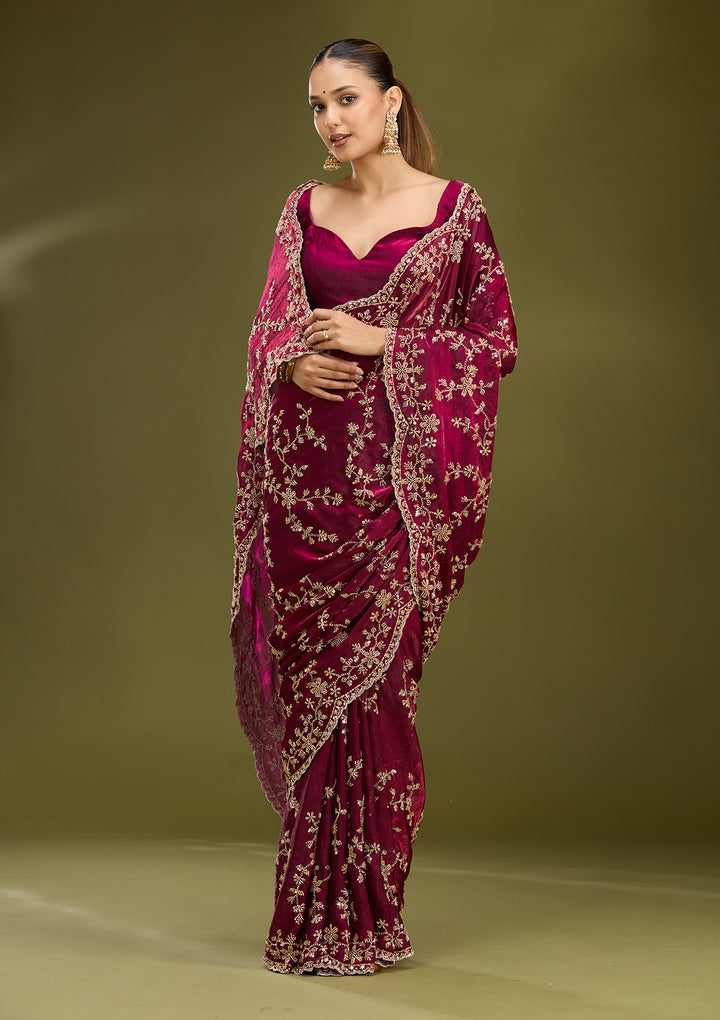 Wine Tissue Cutdana Saree With Matching Blouse Piece