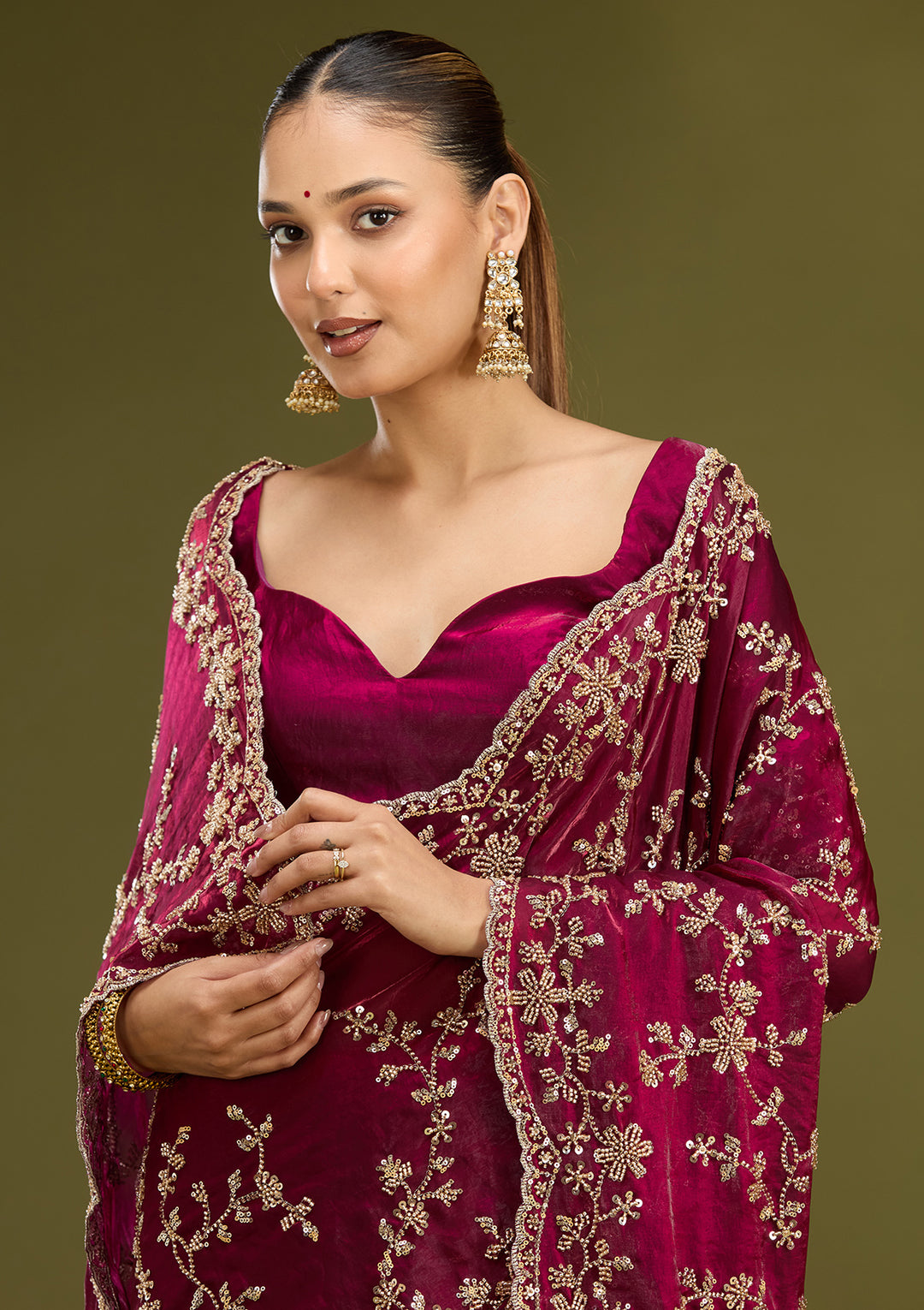Wine Tissue Cutdana Saree With Matching Blouse Piece