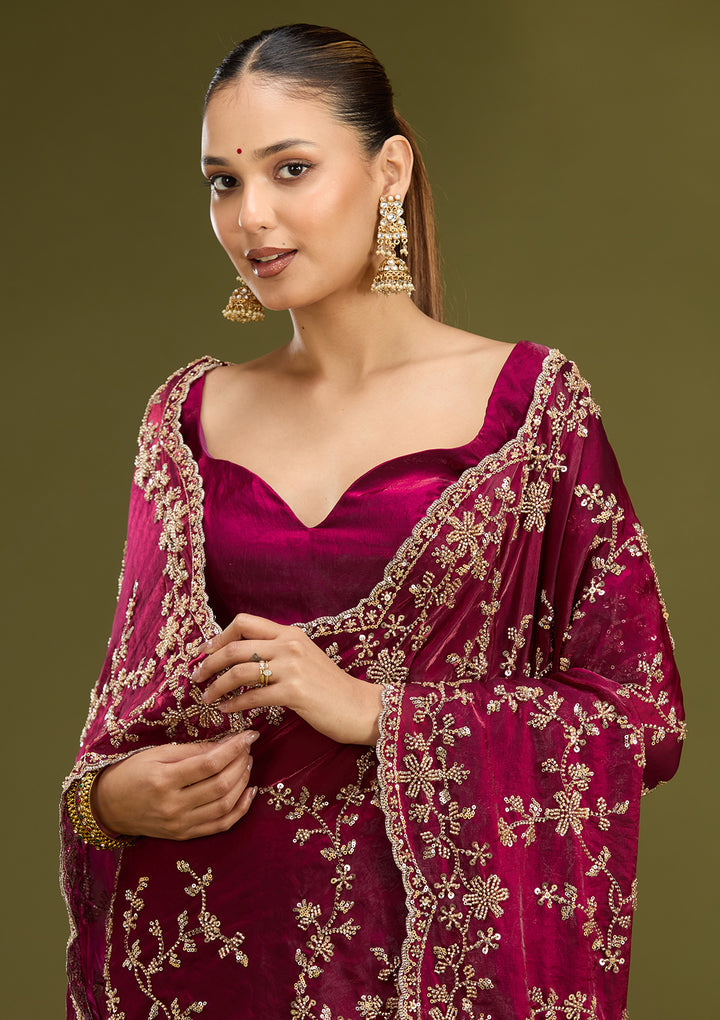 Wine Tissue Cutdana Saree With Matching Blouse Piece