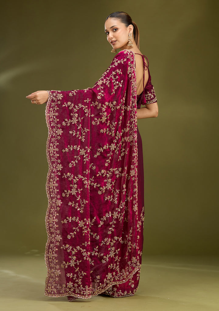 Wine Tissue Cutdana Saree With Matching Blouse Piece