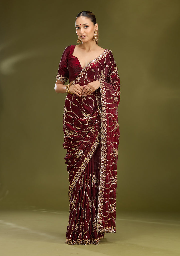 Dark Maroon Cutdana Tissue Saree