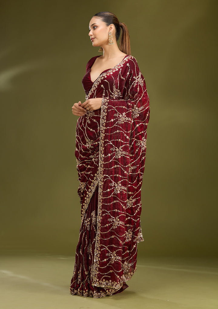 Dark Maroon Cutdana Tissue Saree