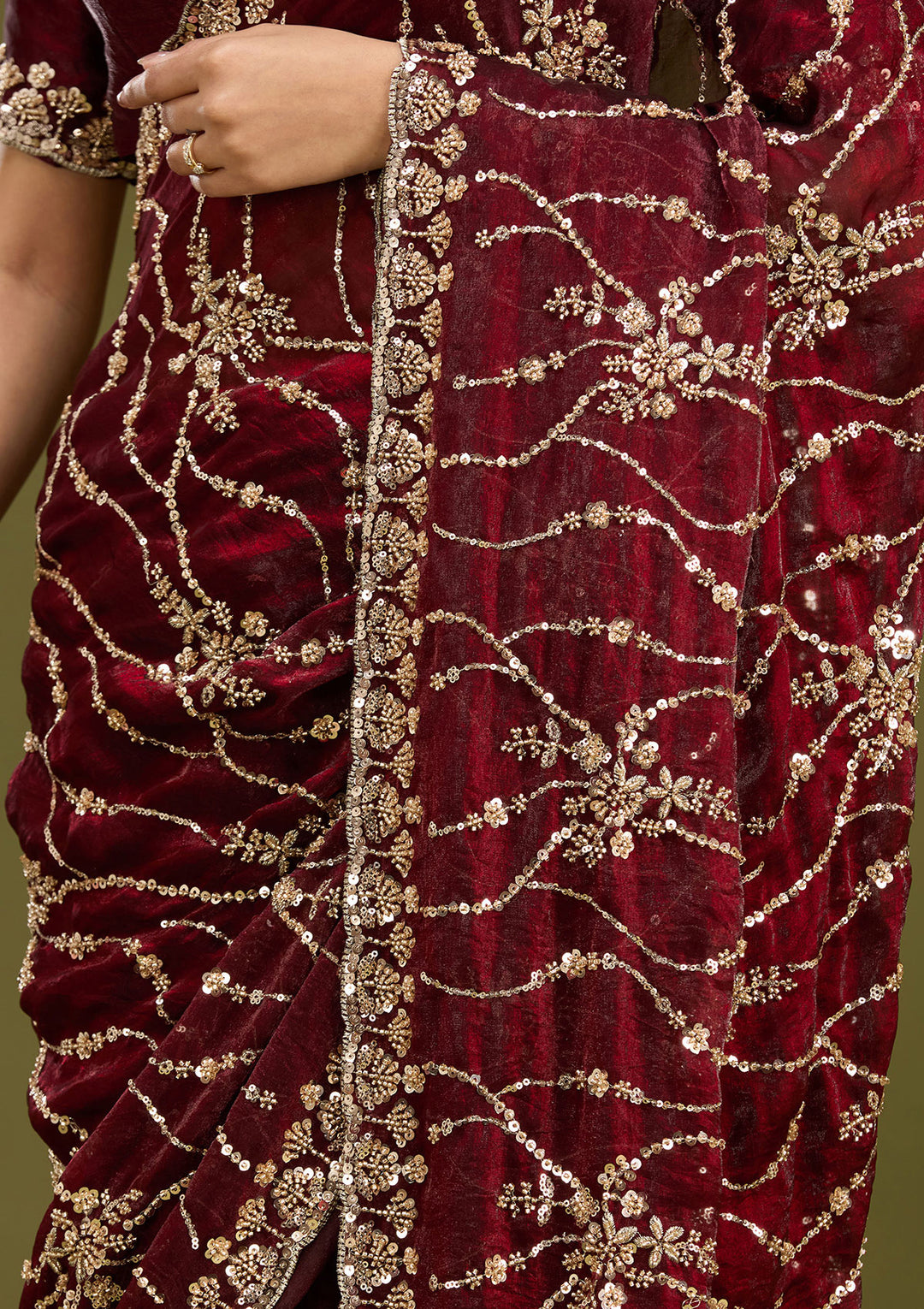 Dark Maroon Cutdana Tissue Saree