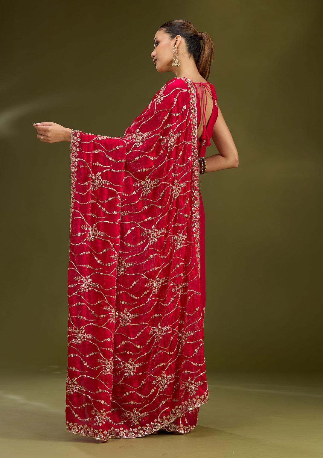 Rani Pink Cutdana Tissue Saree