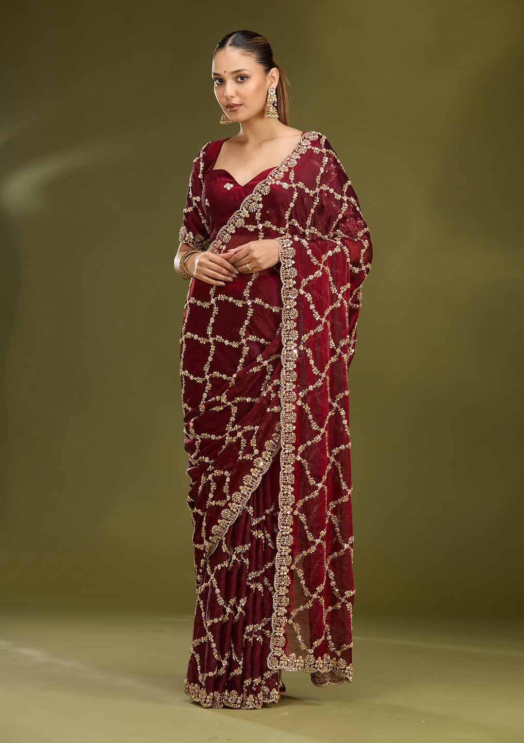 Dark Maroon Tissue Cutdana Saree With Matching Blouse Piece