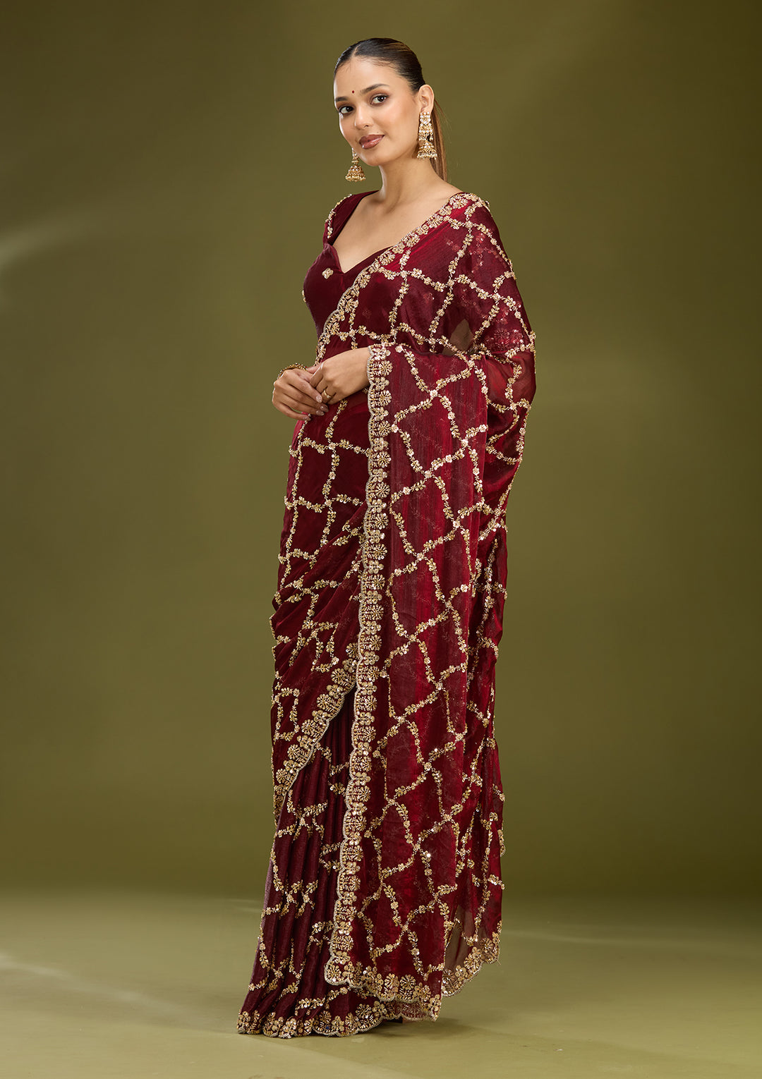 Dark Maroon Tissue Cutdana Saree With Matching Blouse Piece