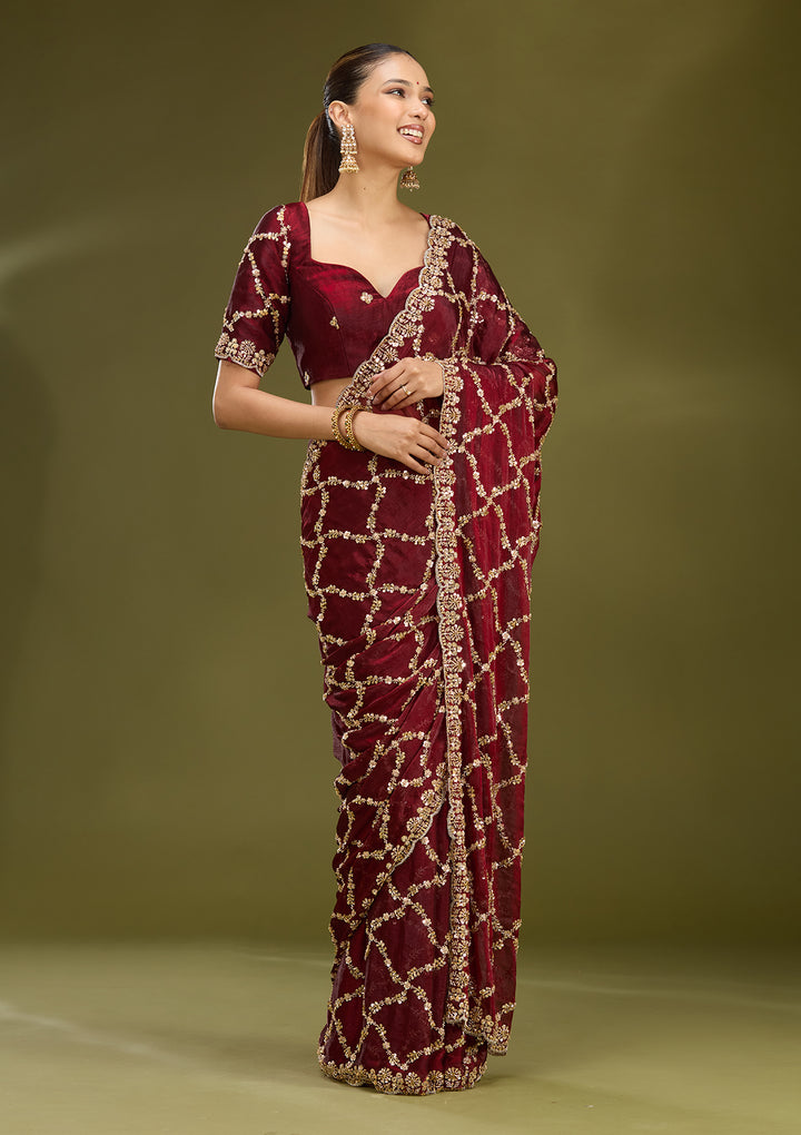 Dark Maroon Tissue Cutdana Saree With Matching Blouse Piece