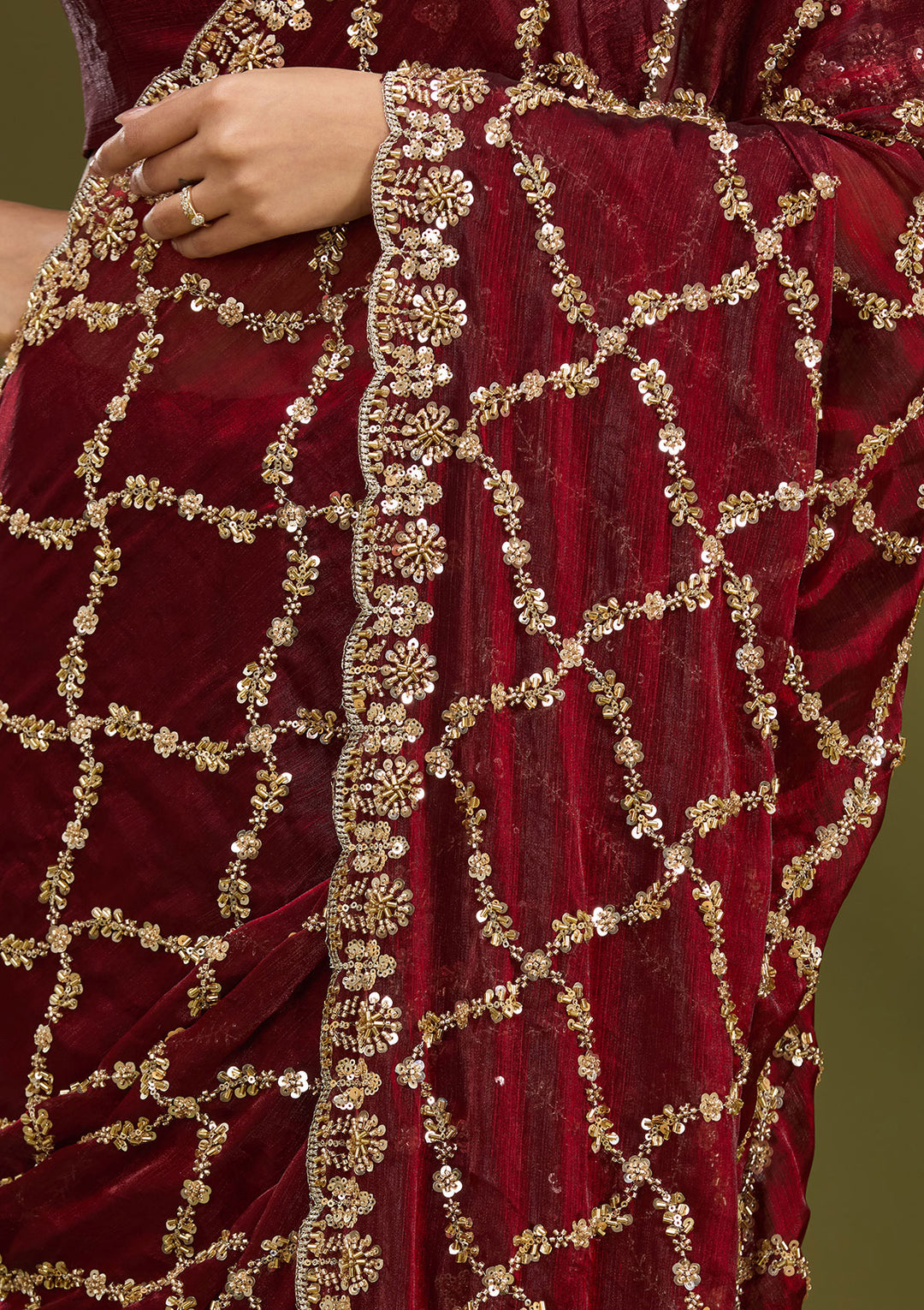Dark Maroon Tissue Cutdana Saree With Matching Blouse Piece