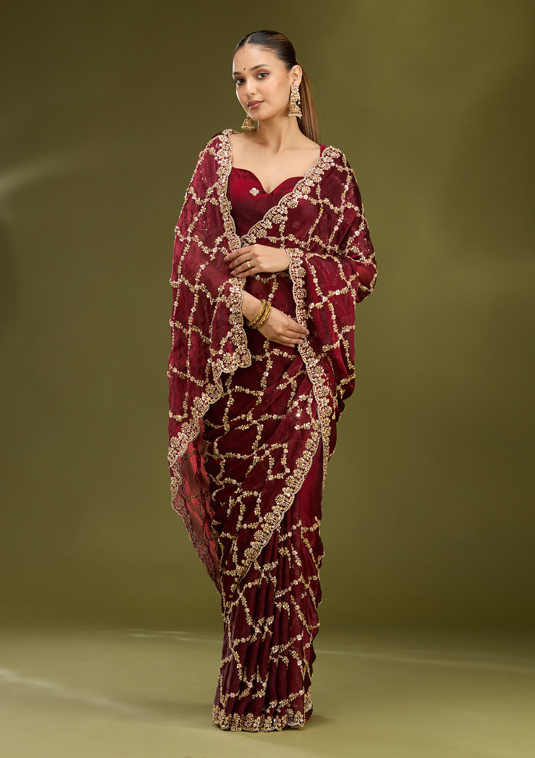 Dark Maroon Tissue Cutdana Saree With Matching Blouse Piece