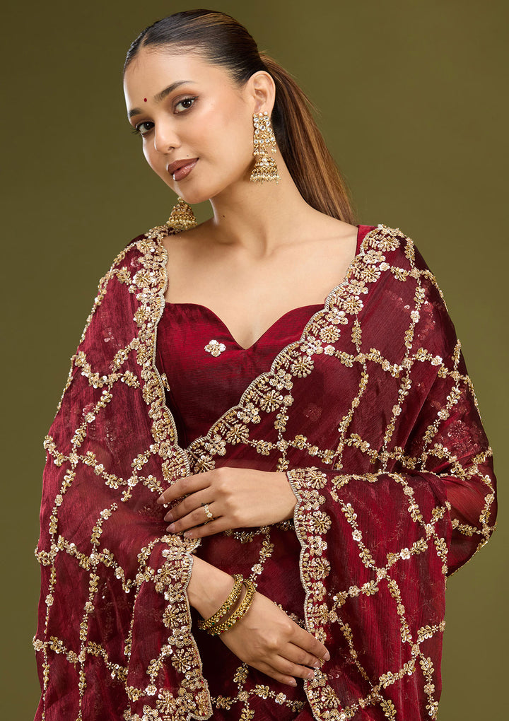 Dark Maroon Tissue Cutdana Saree With Matching Blouse Piece