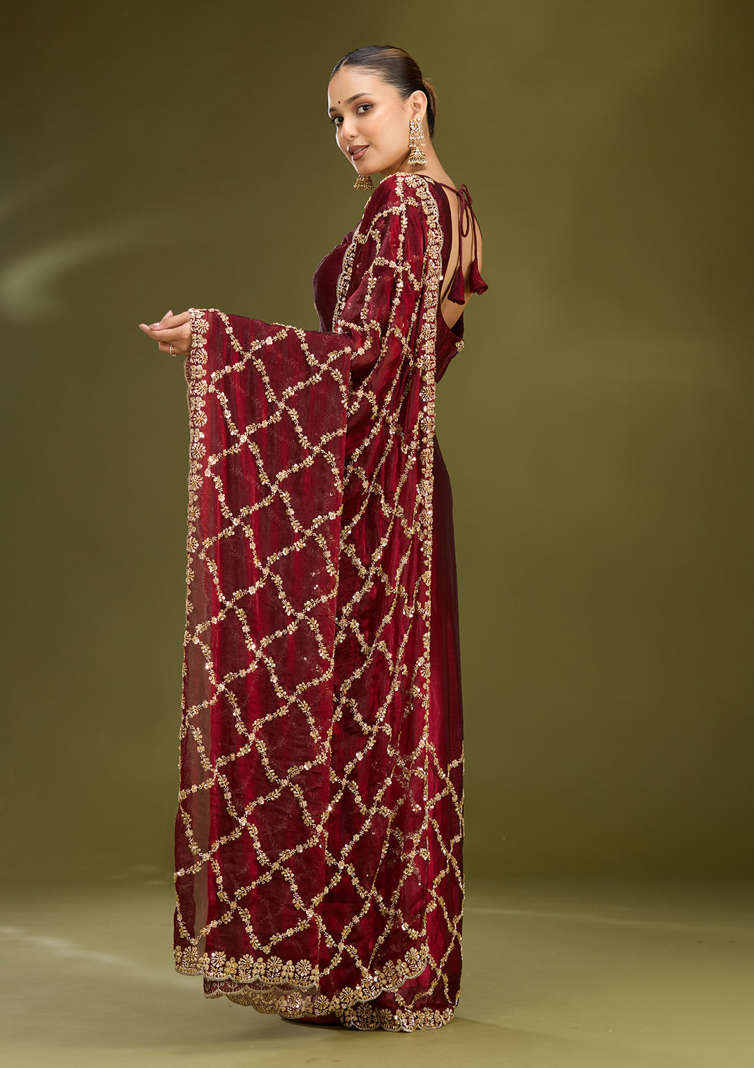 Dark Maroon Tissue Cutdana Saree With Matching Blouse Piece